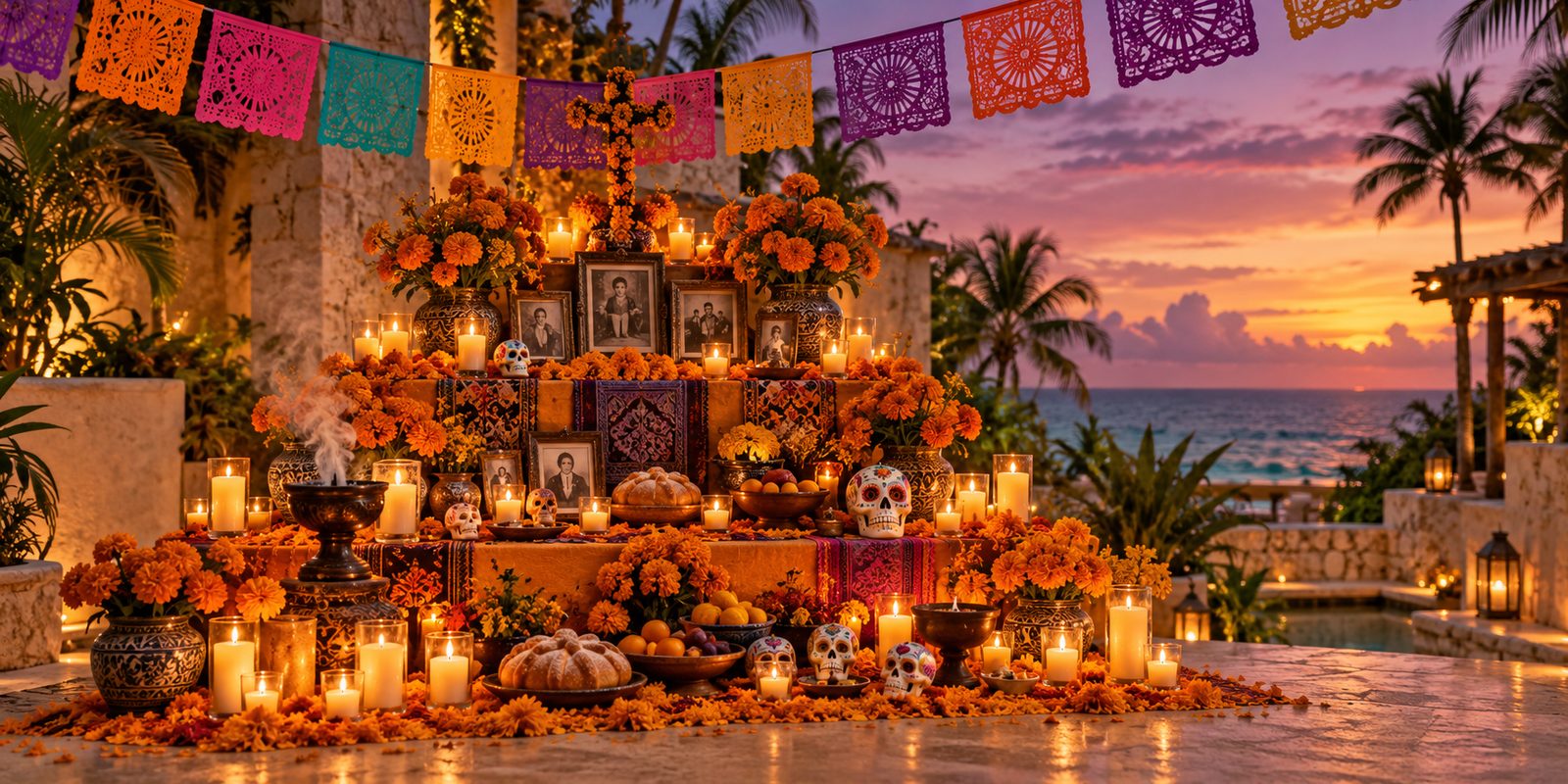 Día de Muertos altar with marigolds, candles, and papel picado in a Riviera Maya resort courtyard at dusk